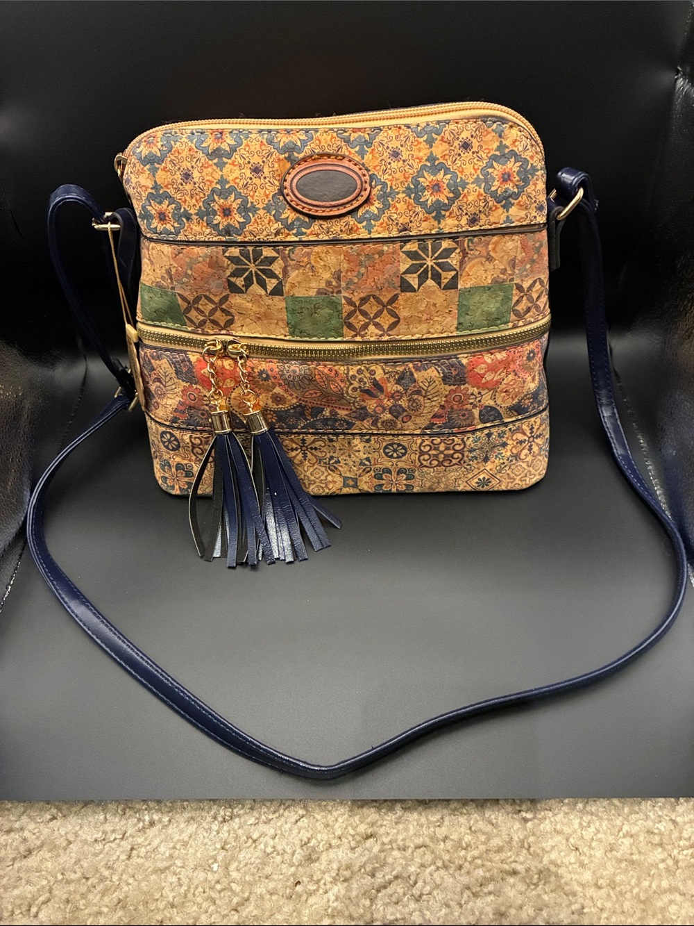 Corks Patterned Crossbody Bag with Tassel Accent - Black Strap, Multicolor Body